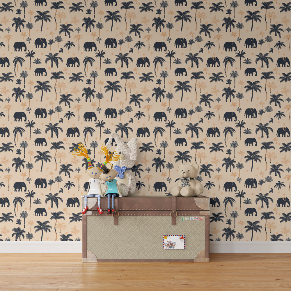 Tropical elephant wallpaper transforming modern kids bedroom with safari adventure theme