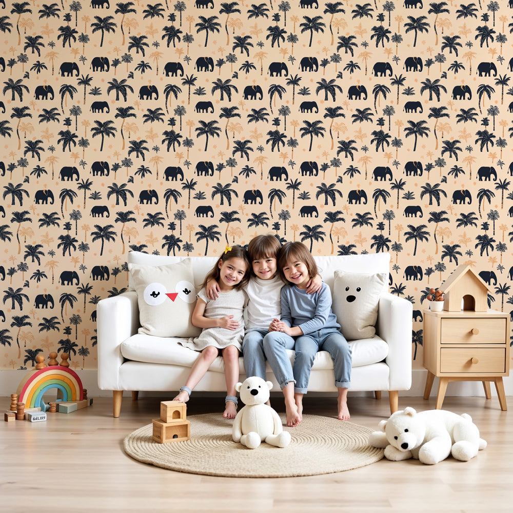 Safari elephants mural wallpaper creating tropical nursery decor with palm trees by Kids-Mundo