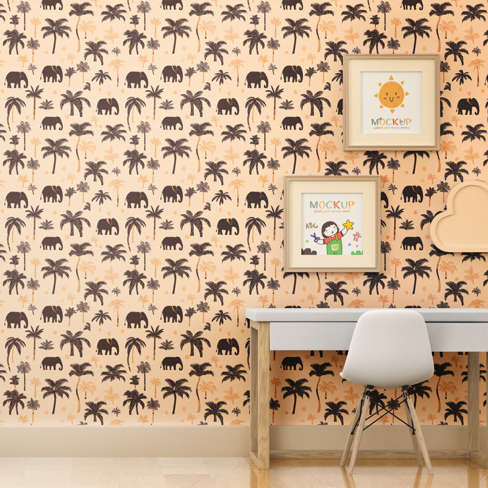 Animal themed mural wallpaper for playroom featuring elephants and palm trees in soft peach tones