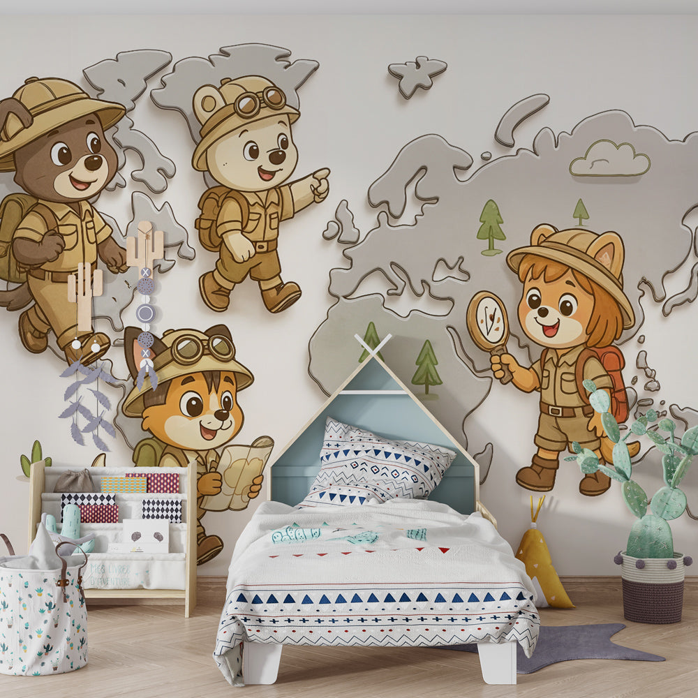 Adventure safari animals wallpaper creating educational kids bedroom with warm brown savanna tones