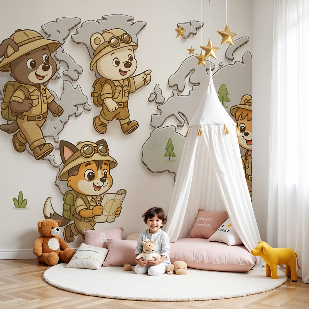 Safari explorer animals mural wallpaper in cozy nursery setting with adventure theme decor by Kids-Mundo