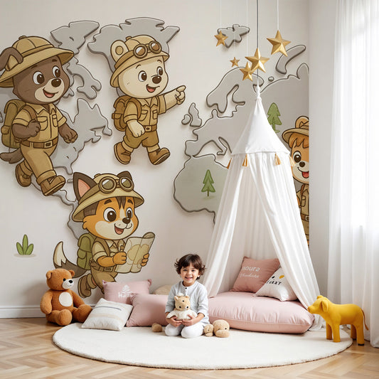 Safari explorer animals mural wallpaper in cozy nursery setting with adventure theme decor by Kids-Mundo