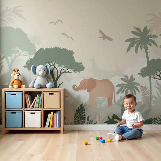 Kids-Mundo safari giraffe and elephant wall mural styled behind a cot in a soft pastel nursery.