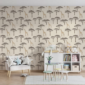 African wildlife wallpaper creating educational kids bedroom decor with acacia tree design
