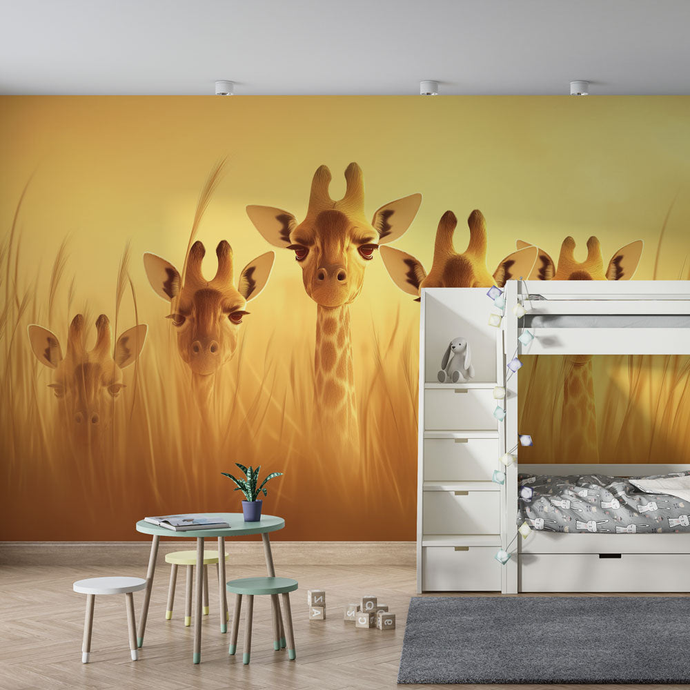 Golden savanna giraffe wallpaper creating warm atmosphere in kids bedroom decor