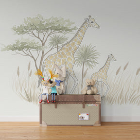 Gentle savanna giraffe wallpaper in modern kids bedroom with wooden furniture and soft lighting