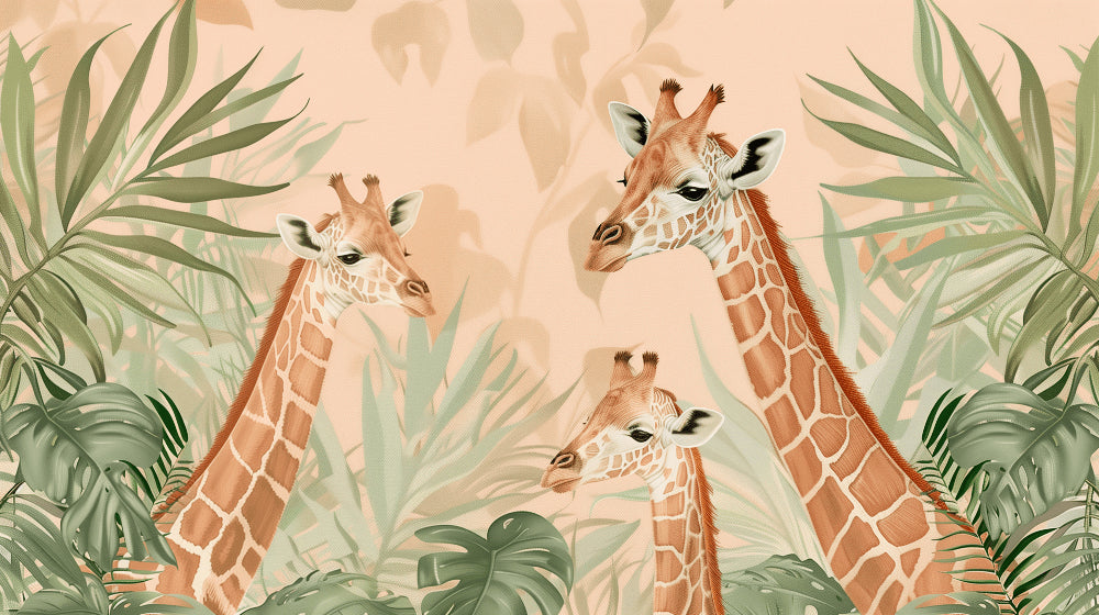 Detailed safari giraffe mural wallpaper design pattern with tropical foliage by Kids-Mundo
