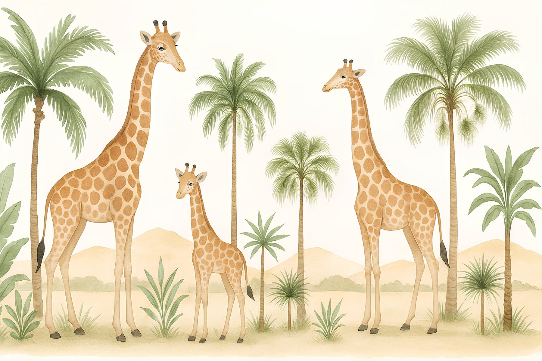 Detailed safari giraffe and tropical palm mural wallpaper design pattern by Kids-Mundo