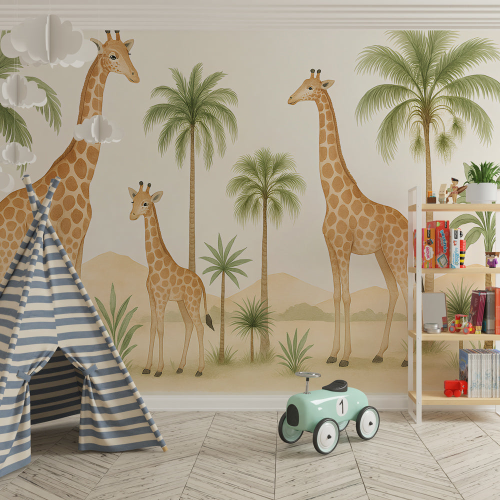 Tropical palm and giraffe mural wallpaper transforming children's bedroom into African safari by Kids-Mundo