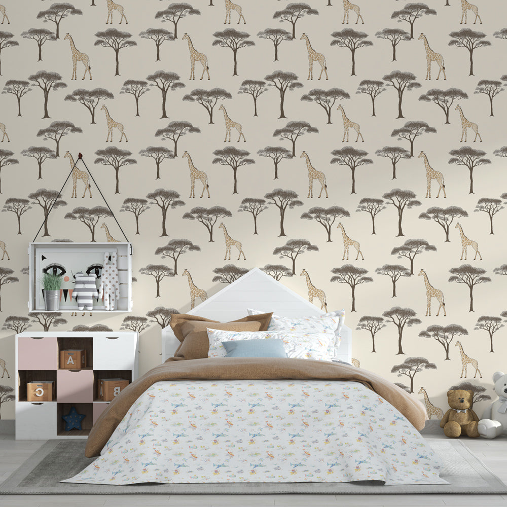 Giraffe themed mural wallpaper in children's room showcasing safari adventure decor by Kids-Mundo