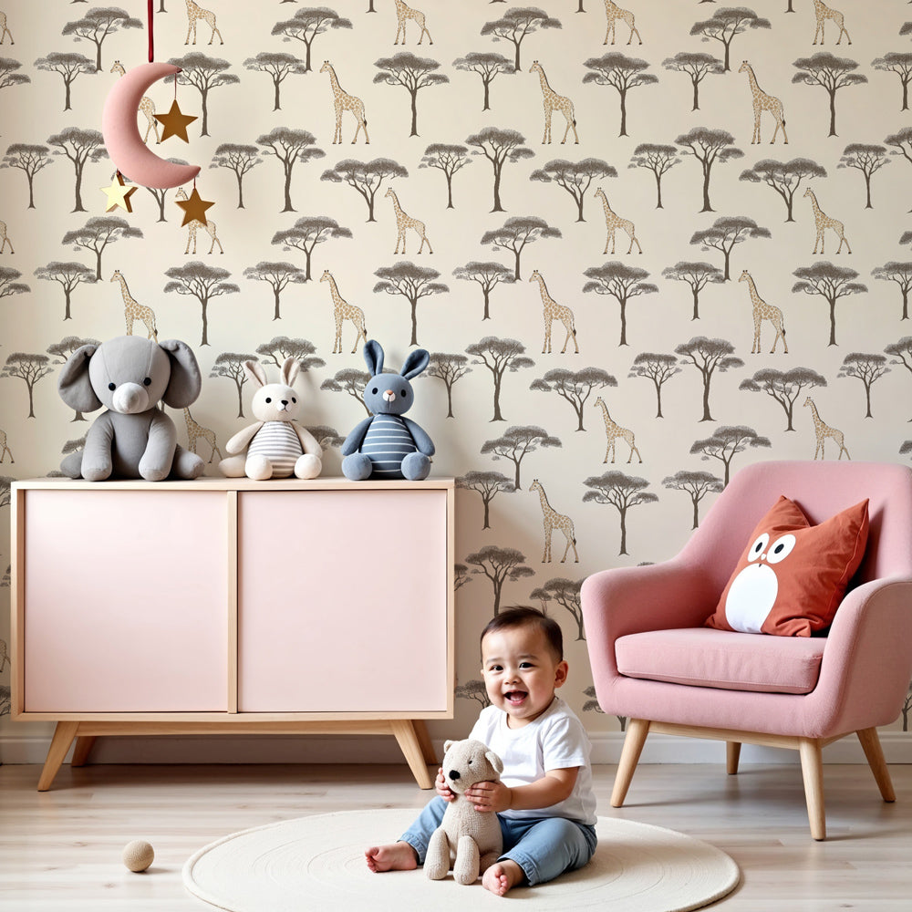 Safari giraffe mural wallpaper in modern nursery with natural wood furniture by Kids-Mundo