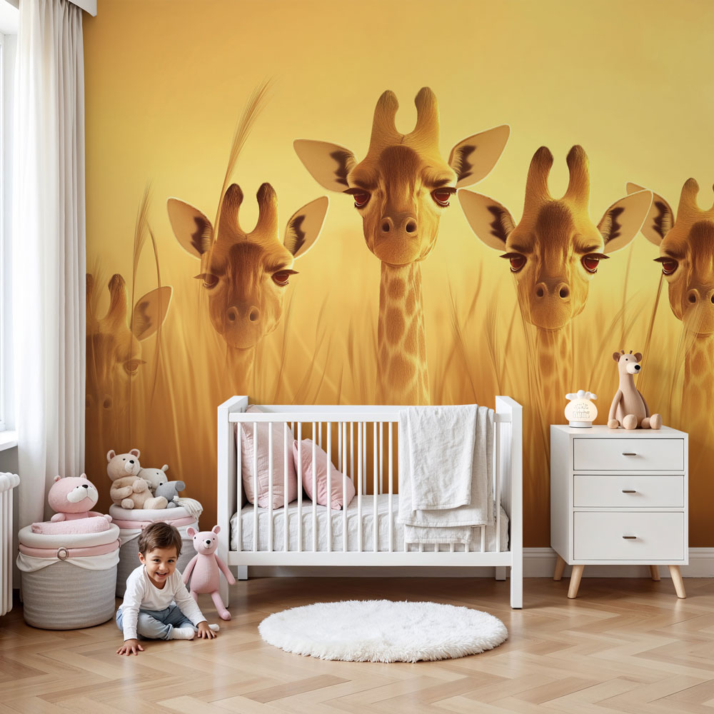Safari giraffe mural wallpaper in modern nursery with wooden crib by Kids-Mundo