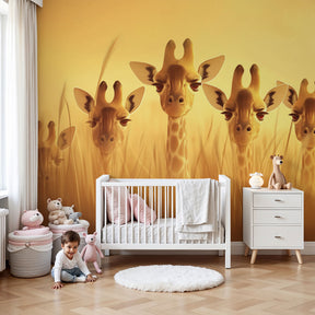 Safari giraffe mural wallpaper in modern nursery with wooden crib by Kids-Mundo