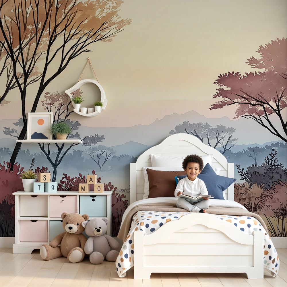 Safari giraffe mural wallpaper creating peaceful nursery decor with soft pastel colors by Kids-Mundo