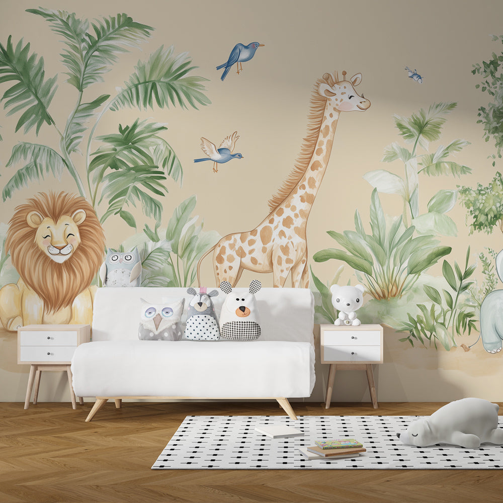 Enchanted pastel safari wallpaper creating magical jungle atmosphere in kids bedroom