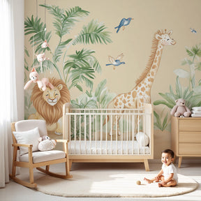 Safari jungle mural wallpaper with pastel animals in modern nursery room by Kids-Mundo