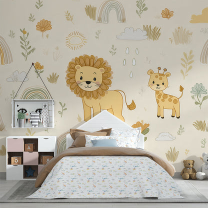 Kids-Mundo rainbow safari animal wall mural behind a cot in a kids bedroom
