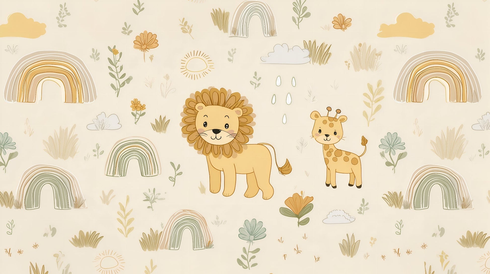 Kids-Mundo flat artwork of the safari lion and giraffe rainbow wall mural