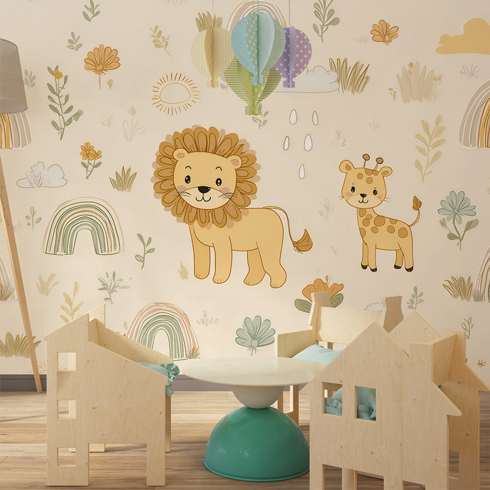 Kids-Mundo lion and giraffe wall mural along a playroom reading corner