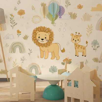 Kids-Mundo lion and giraffe wall mural along a playroom reading corner