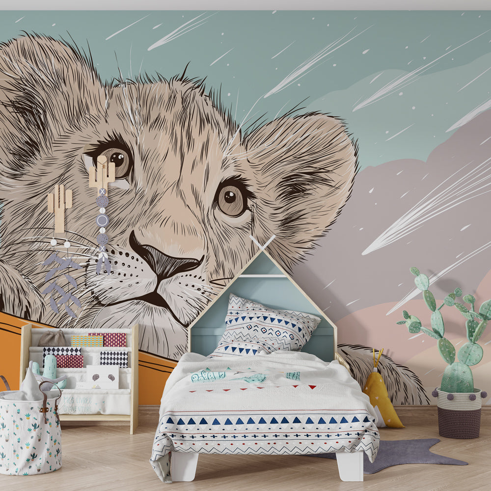 Adventure-themed kids bedroom featuring safari lion wallpaper with vehicle window view