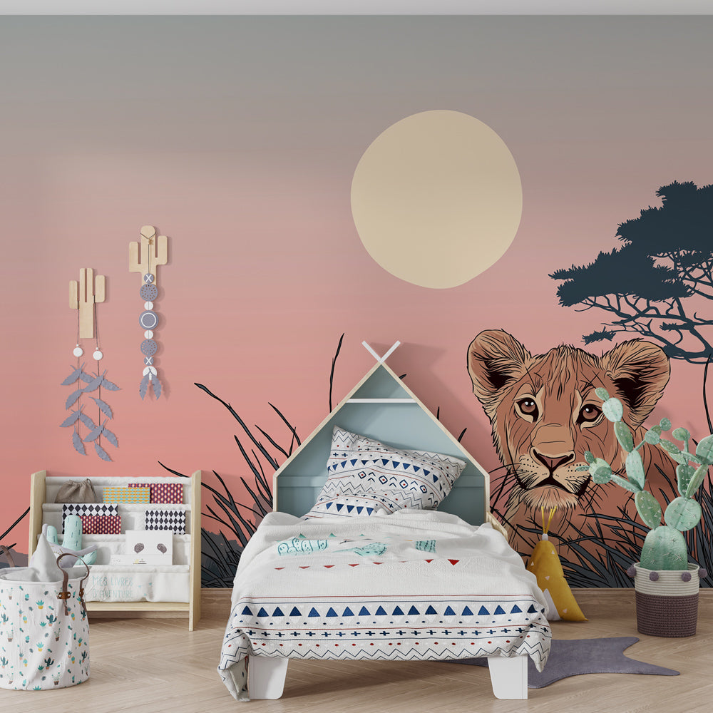 Safari lion cub wallpaper creating adventurous kids bedroom decor with sunset theme