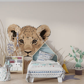 Safari lion wallpaper creating adventurous atmosphere in children's bedroom decor