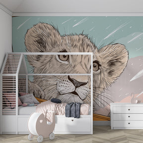 Safari lion wallpaper creating wild adventure atmosphere in children's playroom
