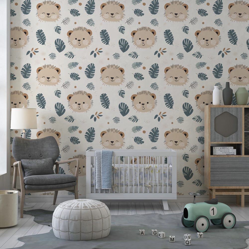 Tropical lion mural wallpaper with green foliage creating playful safari decor in kids playroom