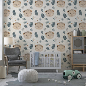Tropical lion mural wallpaper with green foliage creating playful safari decor in kids playroom