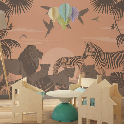 Kids-Mundo safari wall mural with lions and zebras styled on a kids bedroom wall