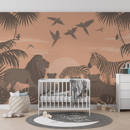 Kids-Mundo safari sunset wall mural with parrots and palm trees in a playroom