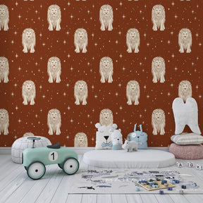 Terracotta lions starry wallpaper creating inspiring playroom atmosphere for kids by Kids-Mundo