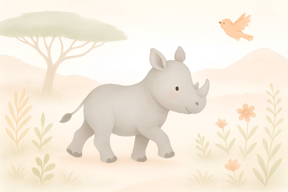 Detailed safari rhino and bird mural wallpaper design pattern with pastel savanna theme by Kids-Mundo