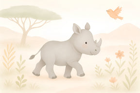 Detailed safari rhino and bird mural wallpaper design pattern with pastel savanna theme by Kids-Mundo