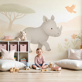 Safari rhino mural wallpaper creating peaceful nursery atmosphere with soft pastel colors by Kids-Mundo