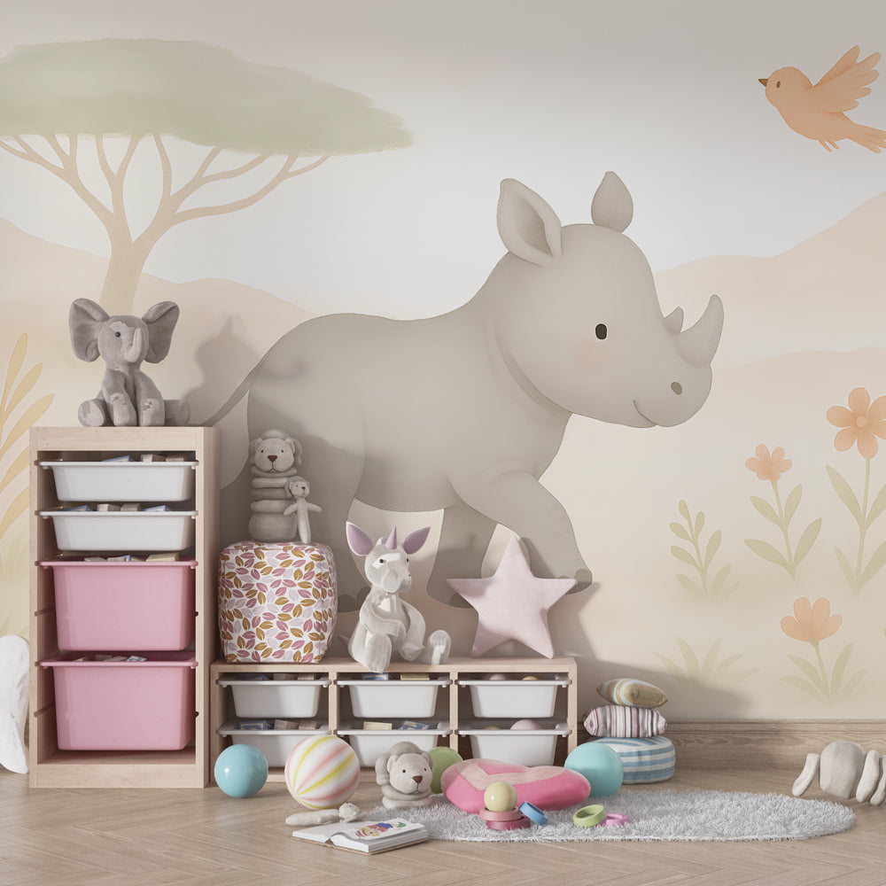 Safari animal mural wallpaper transforming kids playroom with whimsical rhino and bird design
