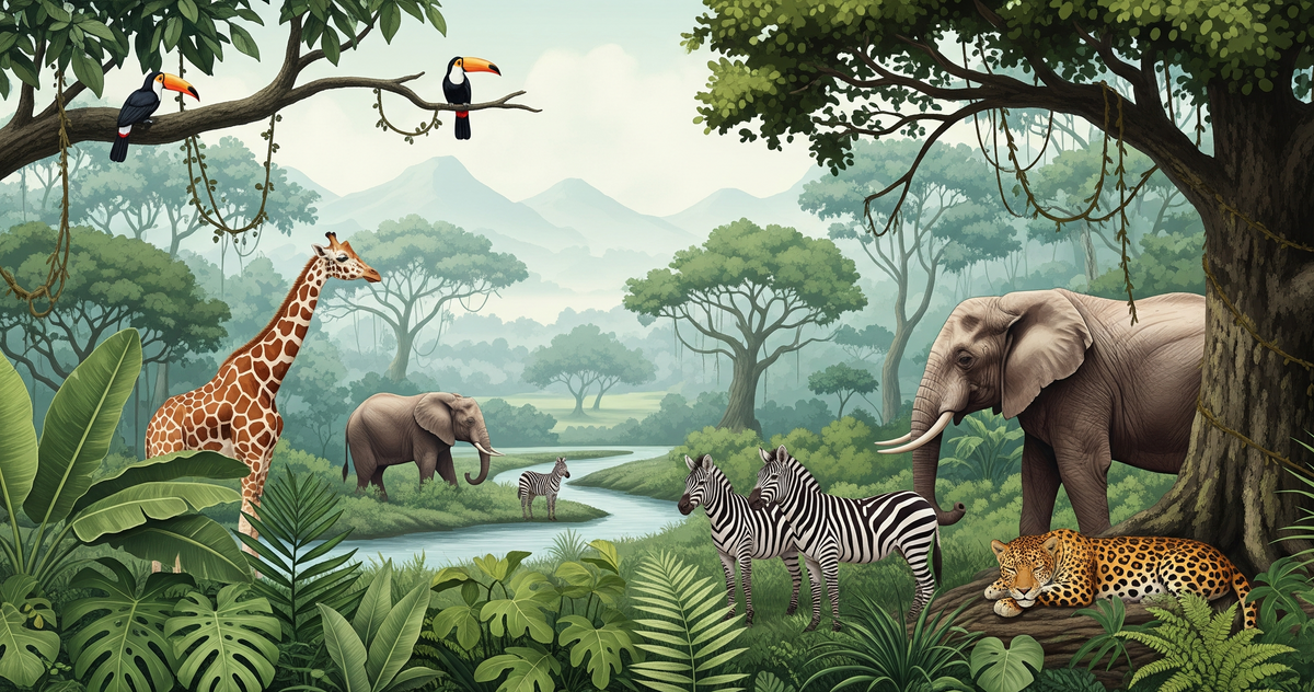 Toucan Giraffe and Elephant Jungle River Wall Mural
