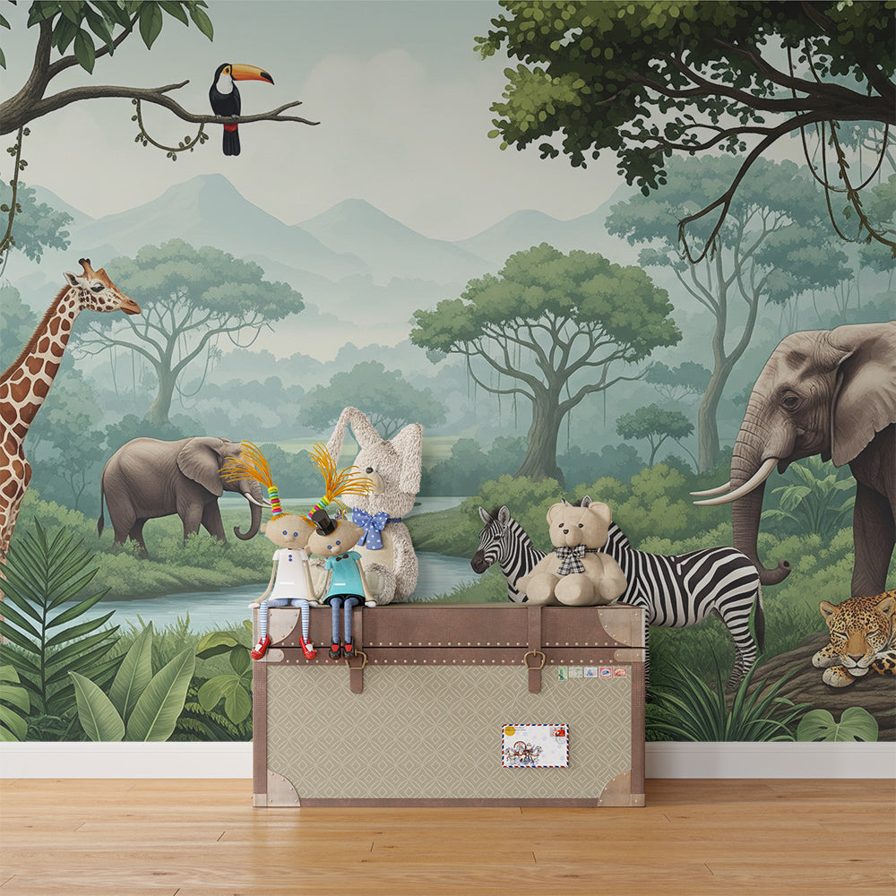 Kids-Mundo safari jungle wall mural with giraffe and zebras shown in a playroom setting