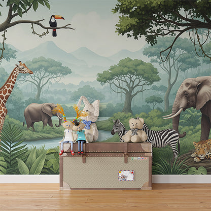 Kids-Mundo safari jungle wall mural with giraffe and zebras shown in a playroom setting