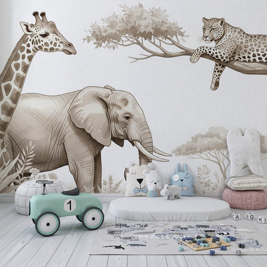 Kids-Mundo giraffe and elephant wall mural on a feature wall in a cosy kids bedroom