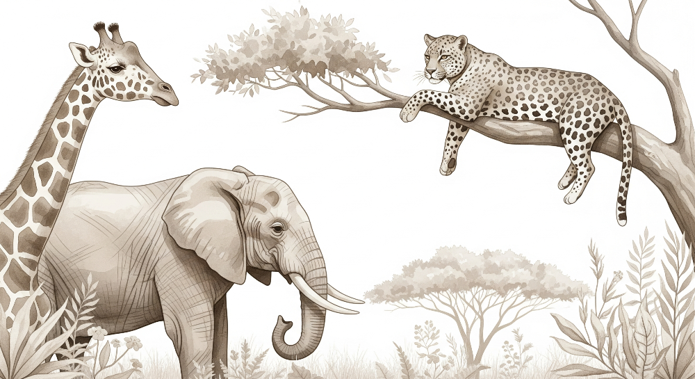 Kids-Mundo flat artwork of the safari wall mural showing giraffe, elephant and leopard in sepia tones