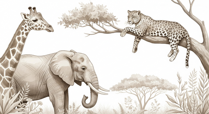 Kids-Mundo flat artwork of the safari wall mural showing giraffe, elephant and leopard in sepia tones