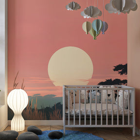 African savanna wallpaper creating peaceful kids bedroom decor with sunset colors