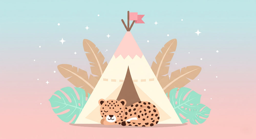 Detailed safari tent and sleeping leopard mural wallpaper design pattern by Kids-Mundo