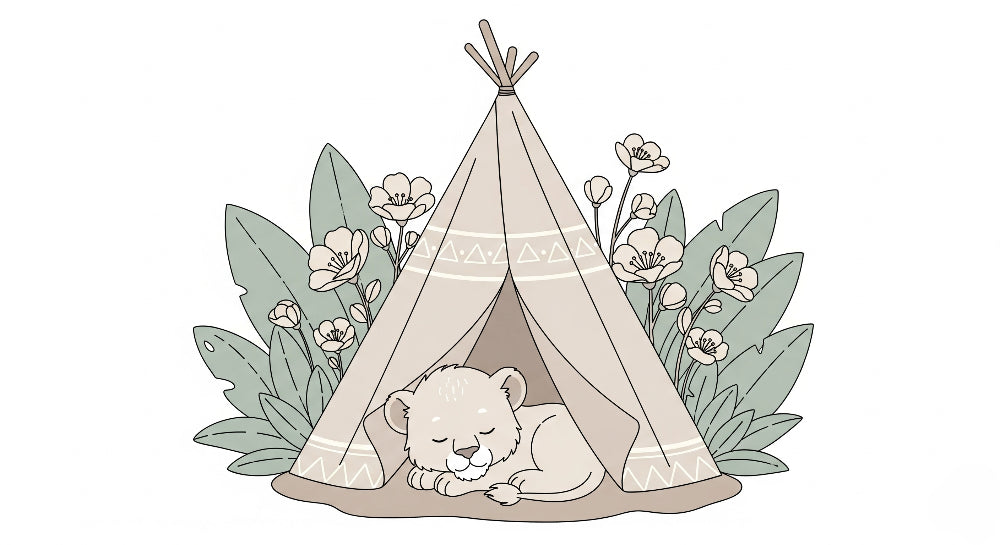 Detailed safari tent and sleeping lion mural wallpaper design pattern by Kids-Mundo