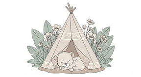 Detailed safari tent and sleeping lion mural wallpaper design pattern by Kids-Mundo