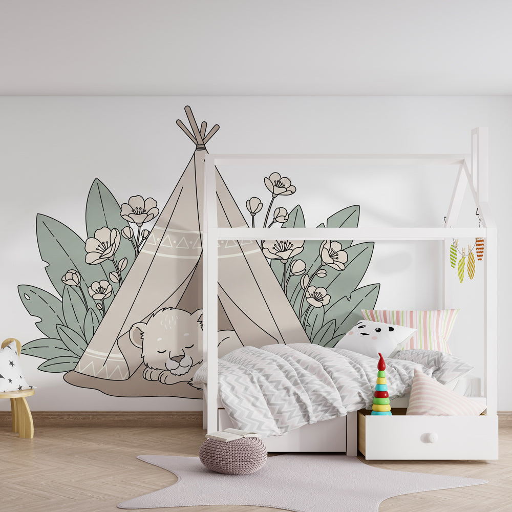 Safari animal mural wallpaper featuring tent and lion in children's playroom by Kids-Mundo