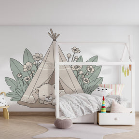 Safari animal mural wallpaper featuring tent and lion in children's playroom by Kids-Mundo