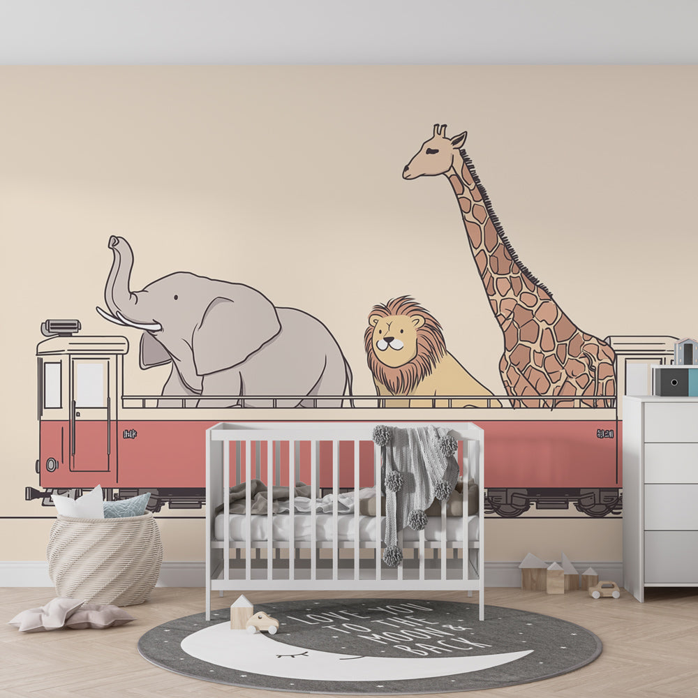 Elephant lion giraffe train wallpaper creating playful children's bedroom decor